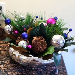 Christmas decor: faux greens and baubles